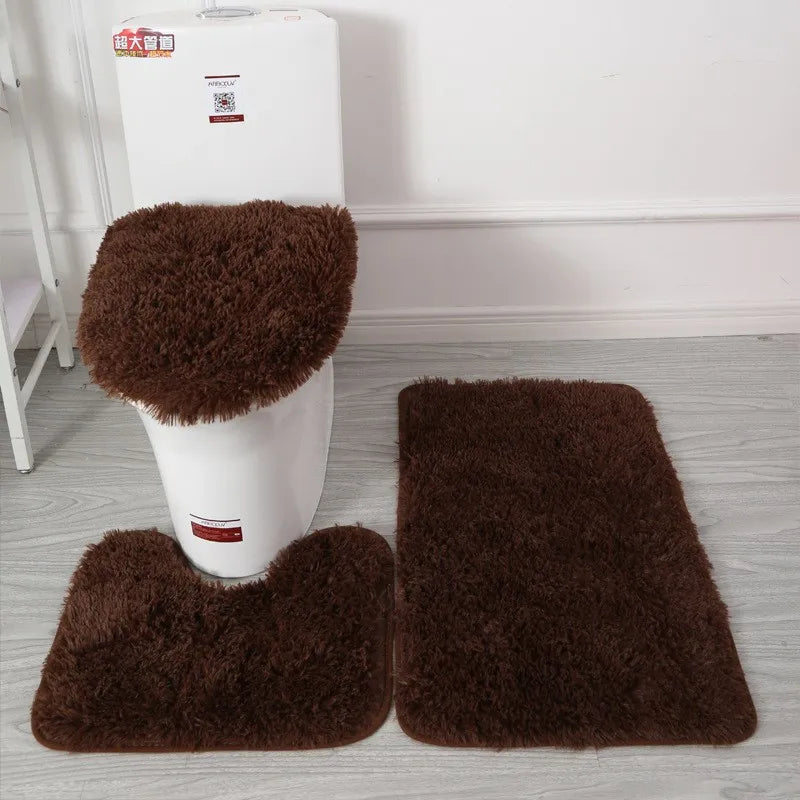 3PCS/set Solid Color Bathroom Mat Set Fluffy Hairs Bath Carpets Modern Toilet Lid Cover Rugs Kit Rectangle U-shape Floor Mats