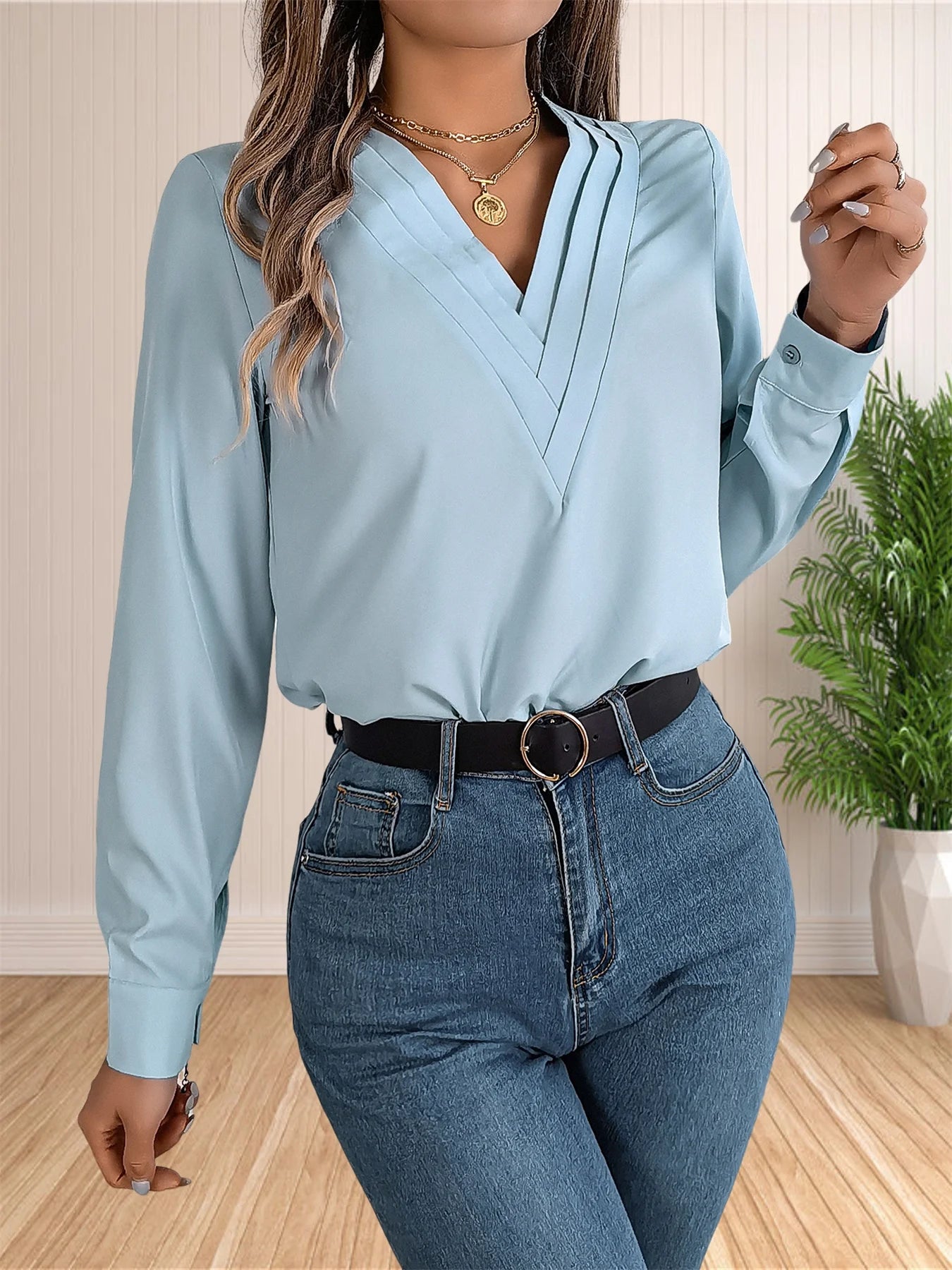 Women's Elegant Business Office Blouse Layered V Neck Long Sleeve 2024 Dressy Shirts Work Tops