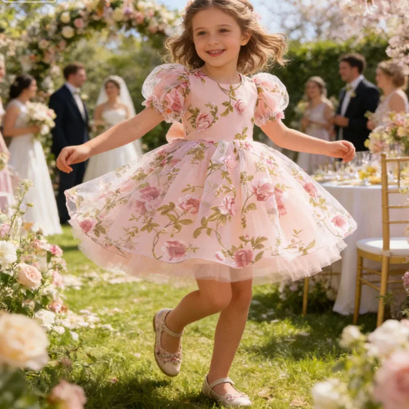 Festive Dress For Girl Elegant Flower Princess Dress Big Bow Children Dress Wedding Bridesmaid Vestido Eid Luxury Pageant Gown