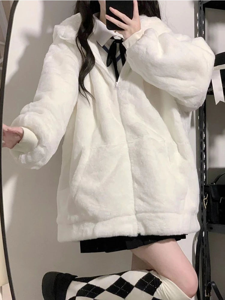 White Hoodies Women Baggy Hooded Sweet Kawaii Clothes Korean Fashion Pure Minimalist Preppy Cozy Front Pockets Zip-Up Girlish