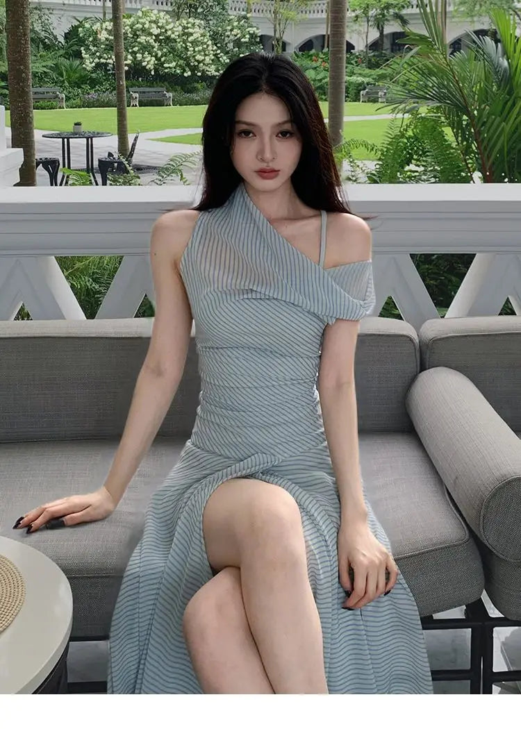 French Holiday Style Blue-green Striped Chiffon Waist-cinching Long Halter Neck Dress for Women, New Summer 2026