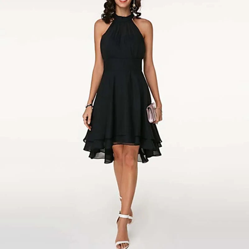 Women Elegant Dress Summer Solid High Waist Halter Sleeveless Midi Dresses Ladies Cropped Layered Chiffon Party Slim Dresses