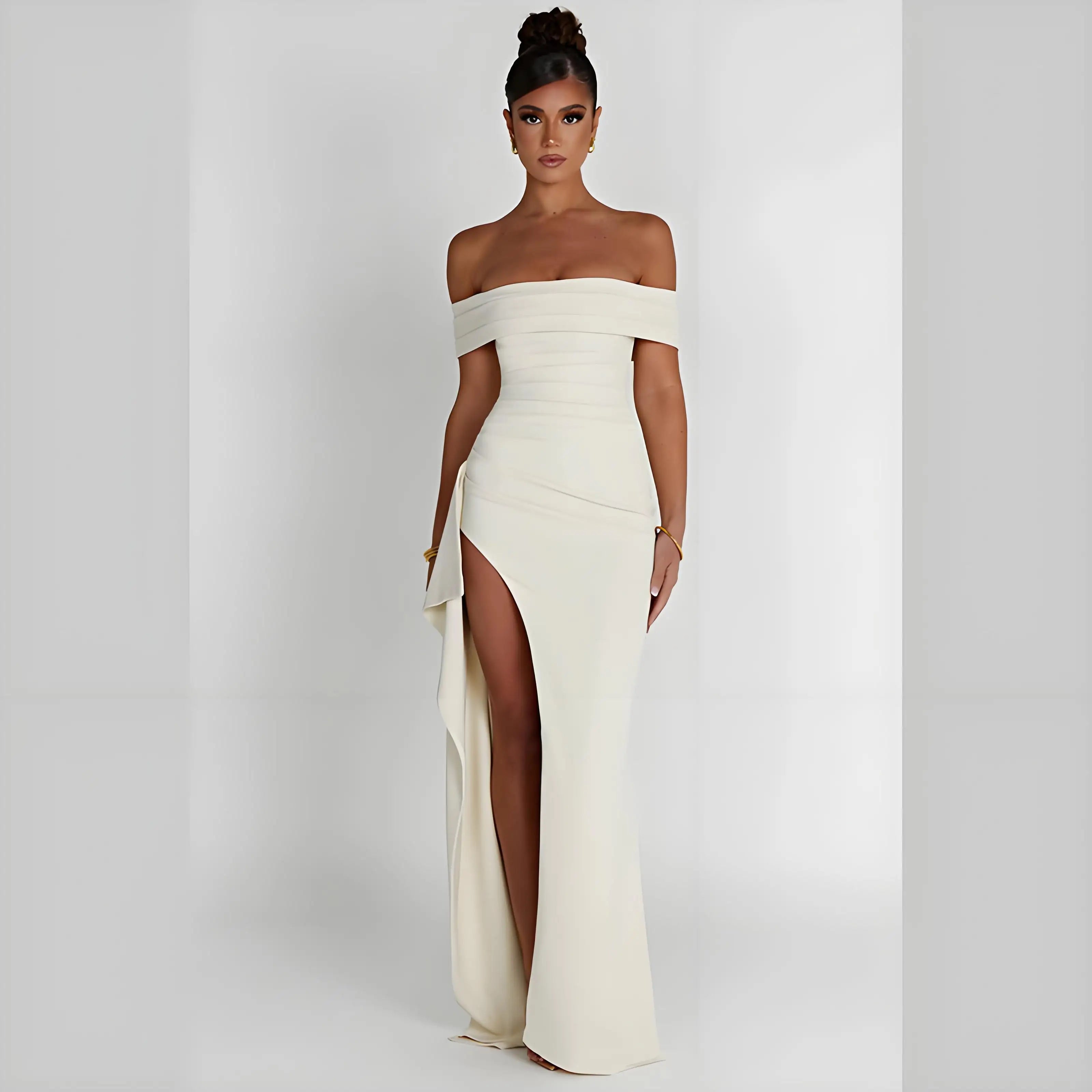 Elegant Evening Dress, Solid Color, Off-Shoulder, Women's Sexy High-Waisted Side-Slit Long Dress, Formal Maxi Ladies' Party Evening Dress