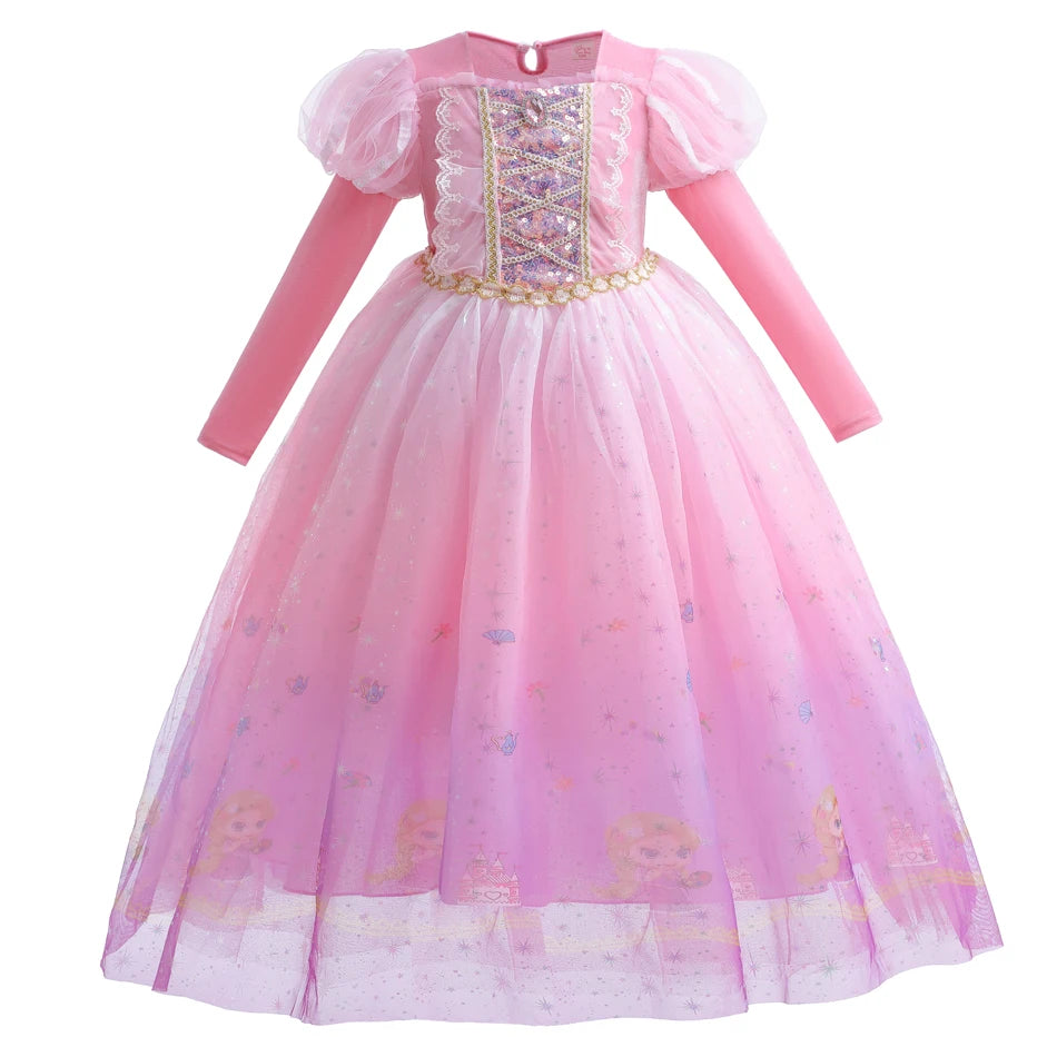 Girls Princess Pink Dress Children Rapunzel Pink Clothing Girls Spring Autumn and Winter Velvet Dress Kids Stage Performs Clothe
