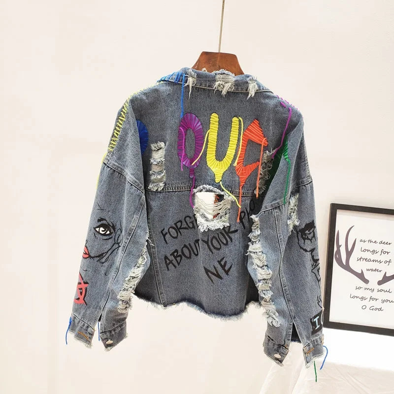 2026 Spring Autumn Women Street Fashion Graffiti Denim Jacket Female Short Frayed Raw Cut Rivet Jacket Fringe Jean Coat Outwear