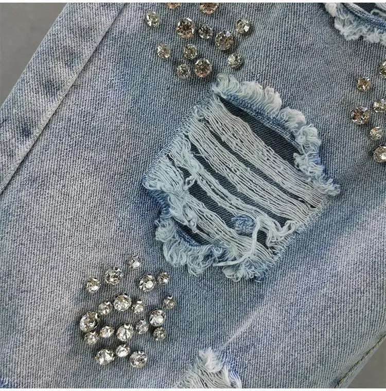 Heavy industry Diamond studded ripped Jeans Women's Street wear 2026 Summer New Loose Nine point Pants Casual Denim Trousers