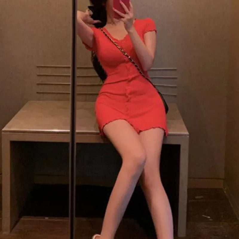 French Sexy Skinny Dress for Woman 2023 Summer V-Neck Button Design Blue Short Sleeve Dresses Women Sweet Holiday Bag Hip Dress