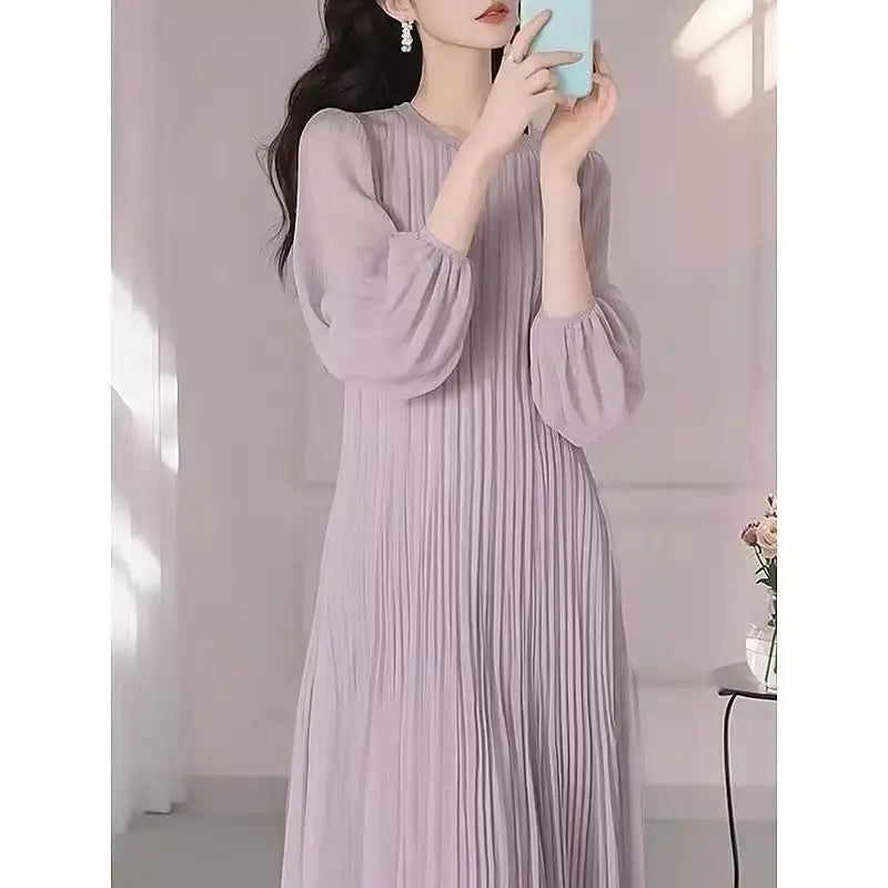 French Dress For Women Spring 2025 High-End Loose And Blue Chiffon Round Neck Long Sleeved Pleated Dress w531