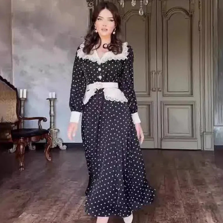 Fashion Print Office Women Dresses 2024 Elegant Doll Collar Long Sleeve Midi Dress Casual Single Breasting Female Dress