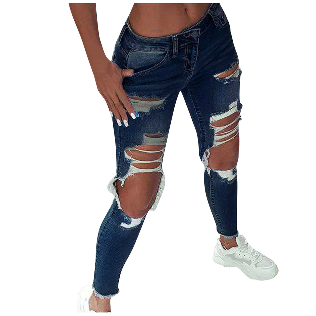 2023 New Women Fashion Mid Waist Boyfriend Big Ripped Hole Jeans Casual High Street Denim Pants Sexy Vintage Pencil Jeans