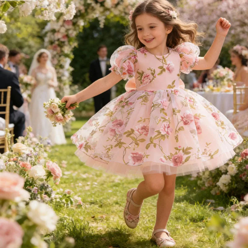 Festive Dress For Girl Elegant Flower Princess Dress Big Bow Children Dress Wedding Bridesmaid Vestido Eid Luxury Pageant Gown