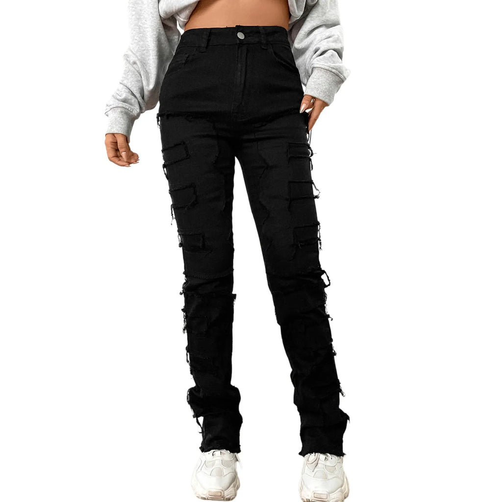 Vintage Y2k High Waisted Jeans Stretch Patch Denim Stacked Straight Leg Embroidered Straight Leg Pants Baggy Jeans For Women