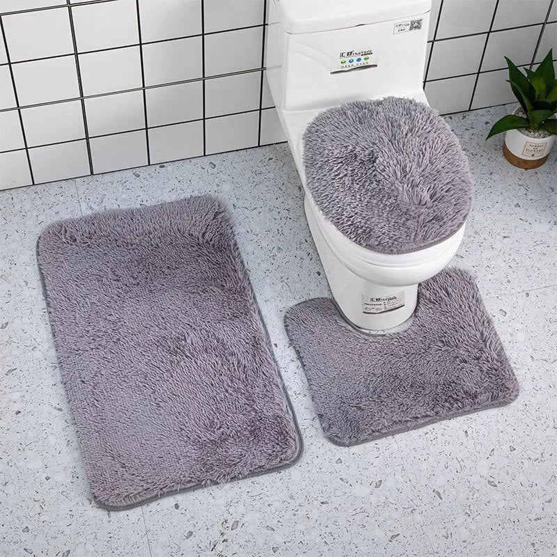3PCS/set Solid Color Bathroom Mat Set Fluffy Hairs Bath Carpets Modern Toilet Lid Cover Rugs Kit Rectangle U-shape Floor Mats
