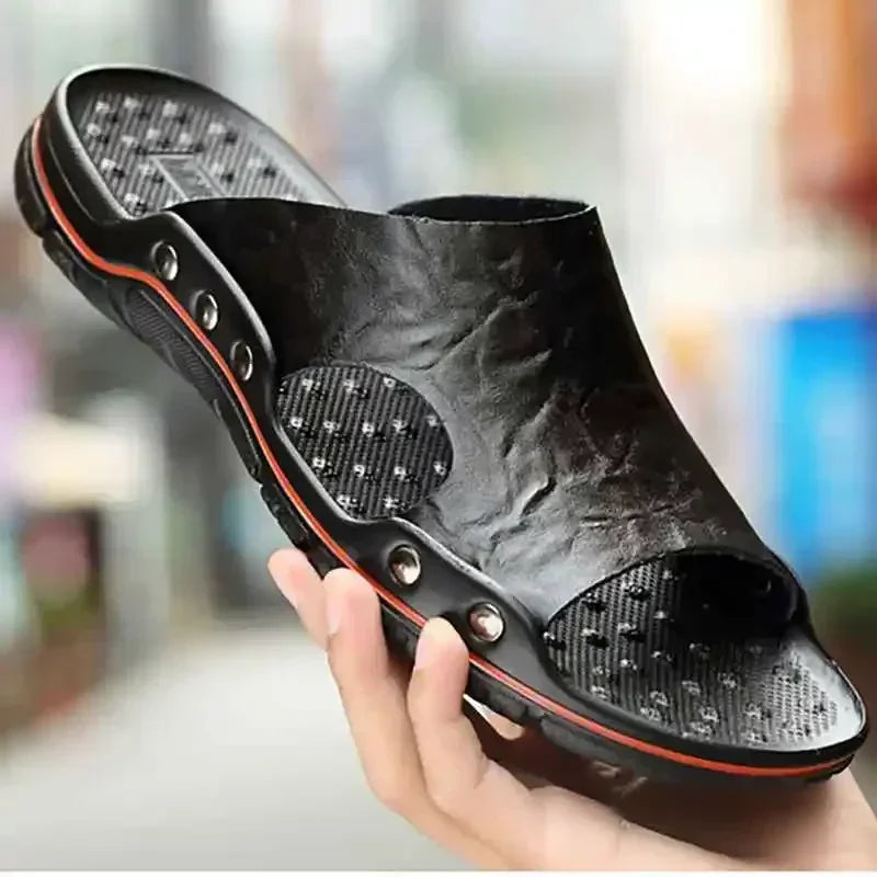 YRZL Mens Sandals PU Leather Classic Summer Men Slippers Soft Black Slippers Big Size Slippers Lightweight EVA Slides for Men