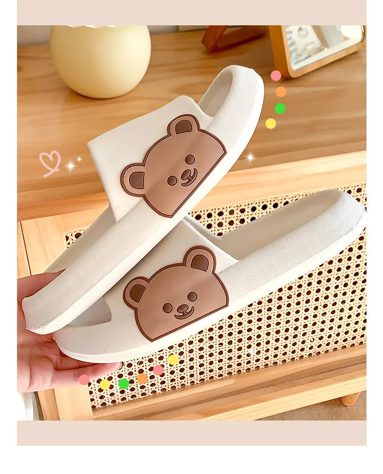 Summer Men Slippers Indoor Women Bathroom Soft Sole Non-slip Slides Home Cartoon Bear Flip Flops Beach Sandals Ladies Shoes