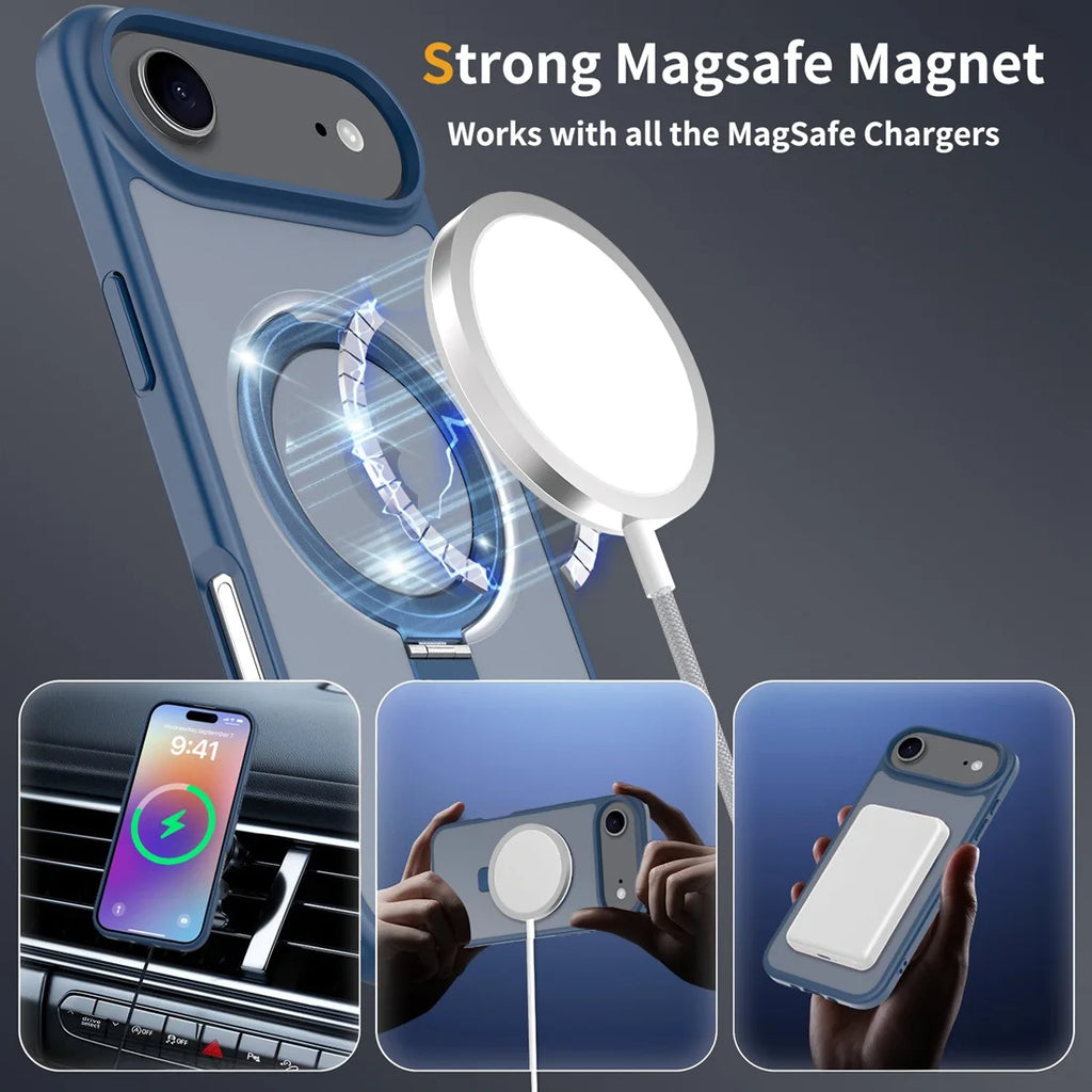 For iPhone 17 Air 2025 Phone Cover built-in kickStand, Compatible With MagSafe Shockproof Slim Translucent Matte Phone Case