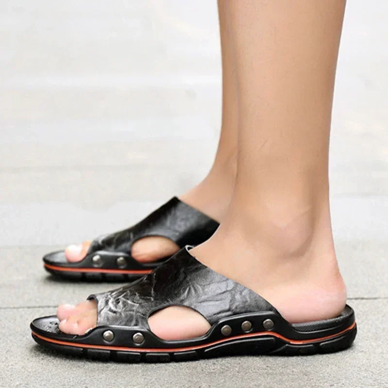 YRZL Mens Sandals PU Leather Classic Summer Men Slippers Soft Black Slippers Big Size Slippers Lightweight EVA Slides for Men