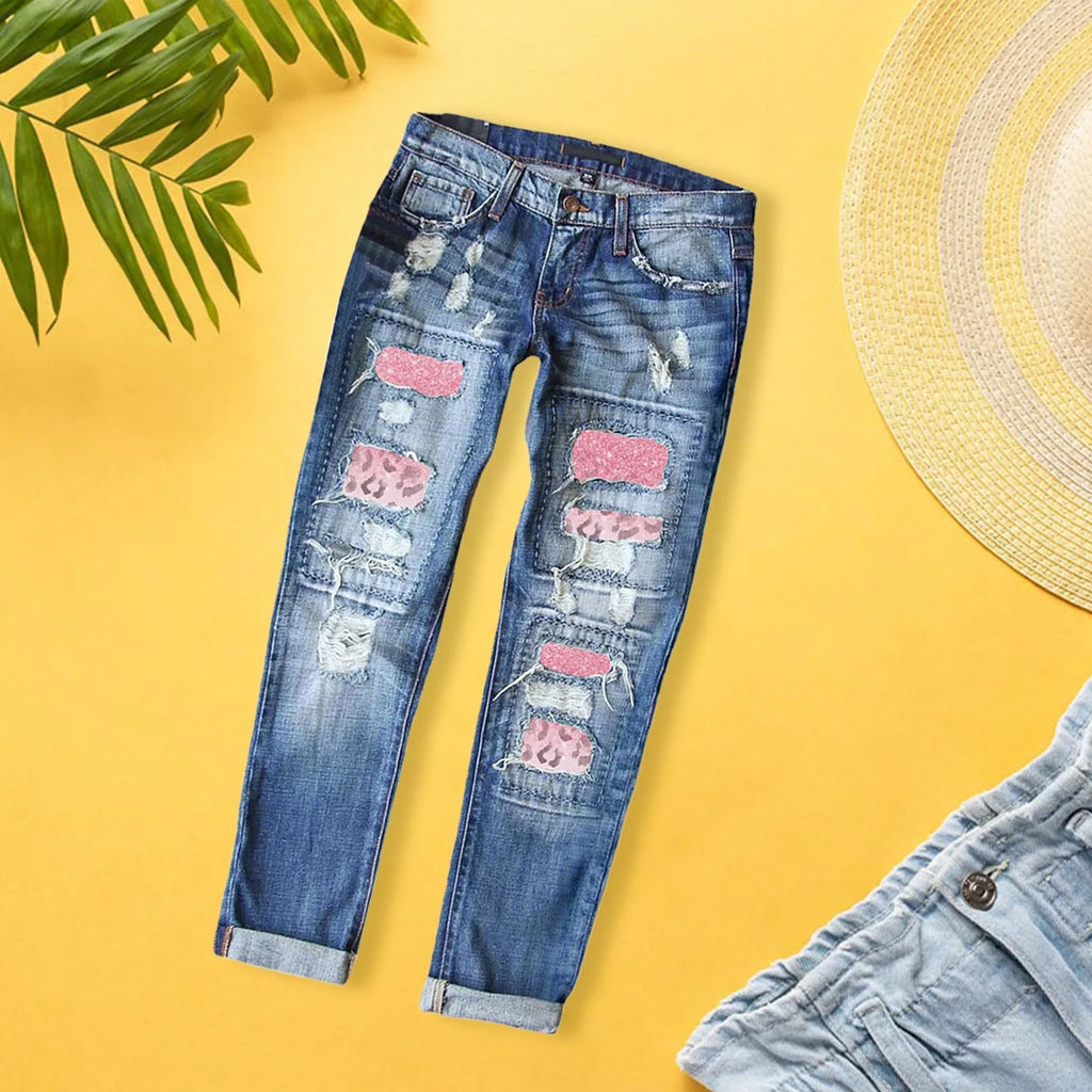 Womens Slim Denim Pants Ripped Jeans Casual Loose Trousers Heart Print Ripped Y2k Slim Fit Distressed Stretch Jeans Pantalones