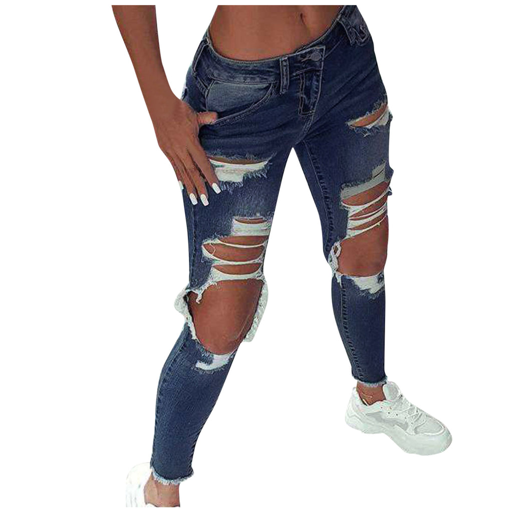 2023 New Women Fashion Mid Waist Boyfriend Big Ripped Hole Jeans Casual High Street Denim Pants Sexy Vintage Pencil Jeans