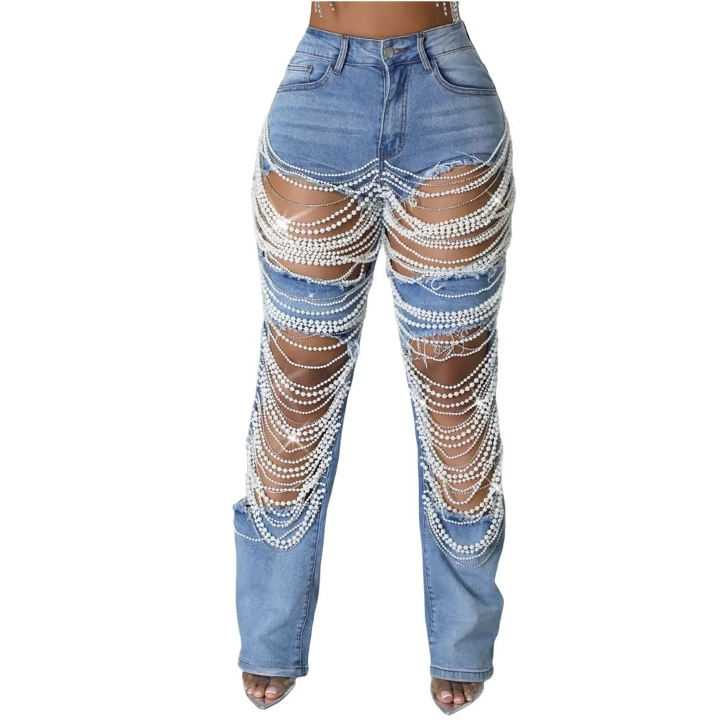Women Fashion Pearl Beading Ripped Hollow Out Tassel Wide Leg Jeans 2026 New Summer INS Street Denim Pants Trousers