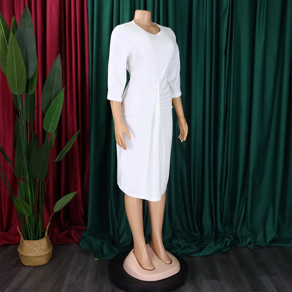 Dresses Women Sheath Dress Round Collar Half Sleeve Solid Color Folds Slim Mid-Calf Female Vestidos Office Lady Summer 2025