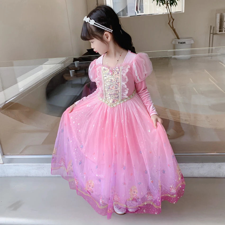 Girls Princess Pink Dress Children Rapunzel Pink Clothing Girls Spring Autumn and Winter Velvet Dress Kids Stage Performs Clothe