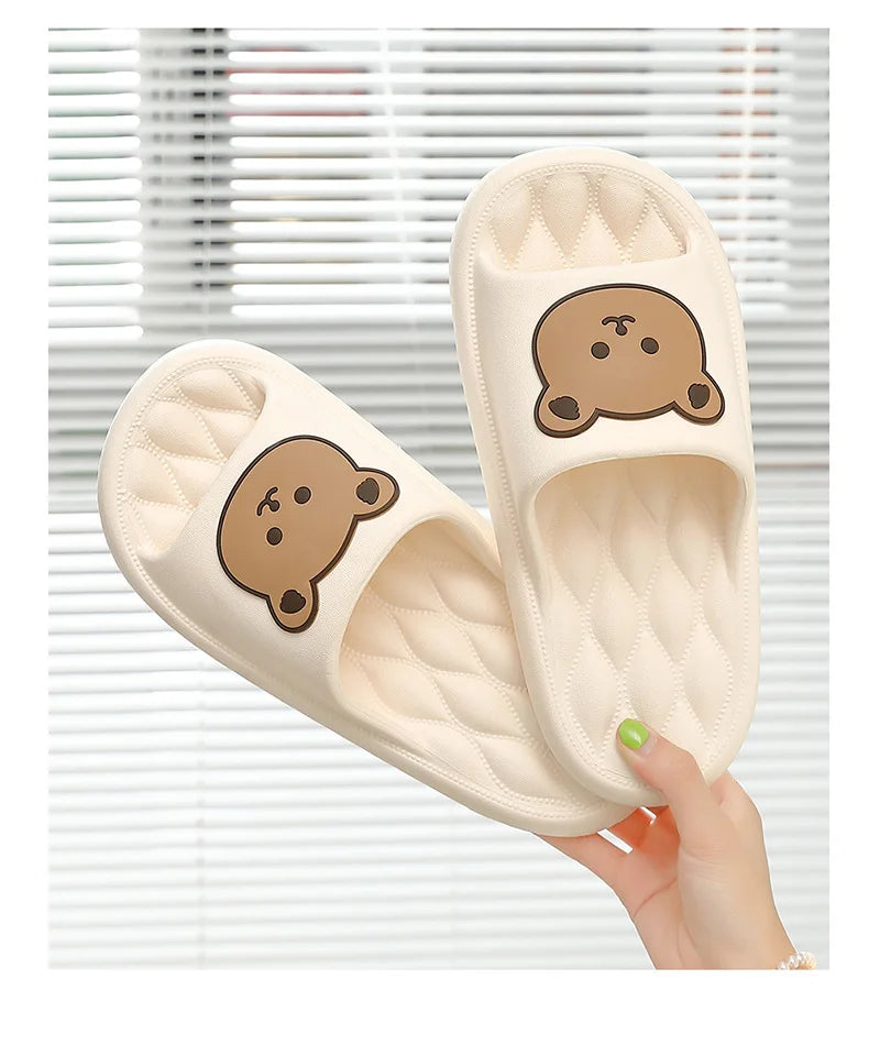 Summer Men Slippers Indoor Women Bathroom Soft Sole Non-slip Slides Home Cartoon Bear Flip Flops Beach Sandals Ladies Shoes