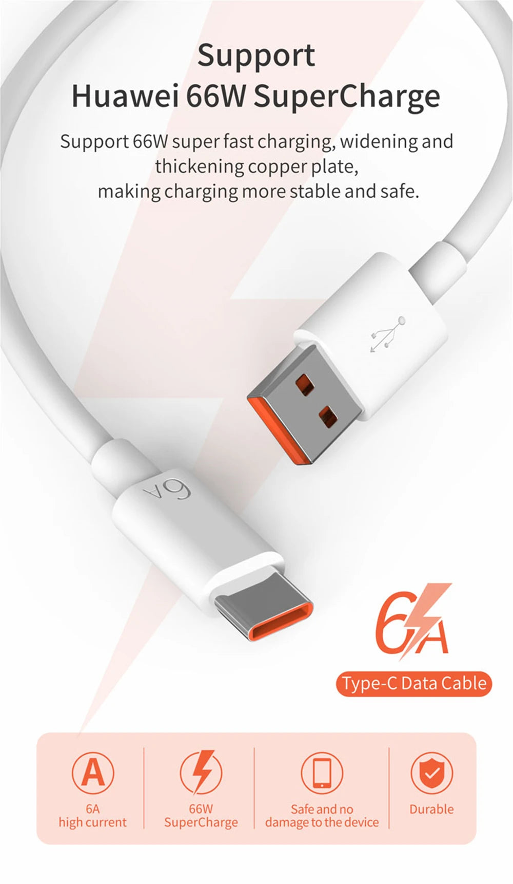 6A 66W Super Fast Charger Type C Cable for Huawei Mate 40 50 60 P50 P60 Nova 8 9 10 Honor 50 70 90 100 200 Lite X7 X8 X9 Magic 5