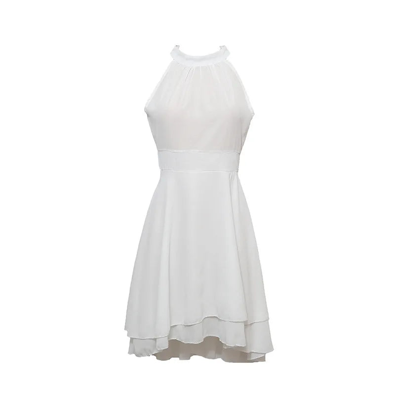 Women Elegant Dress Summer Solid High Waist Halter Sleeveless Midi Dresses Ladies Cropped Layered Chiffon Party Slim Dresses