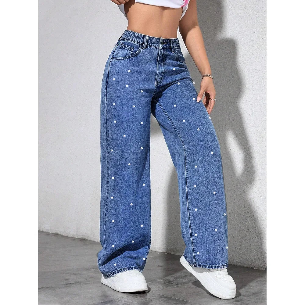 Women High Waist Denim Jeans Ladies Fashion Beading Straight Pants