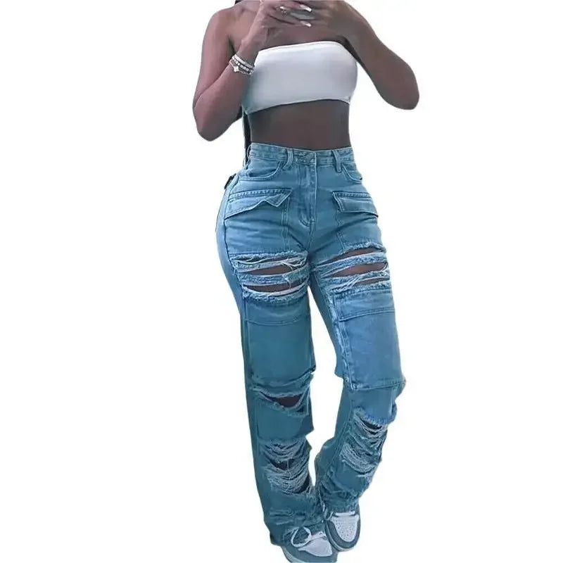Women Jeans Denim Patchwork Straight Pants Holes Distressed Pockets Washing High Street Low Waist Zipper Fly Flat Winter