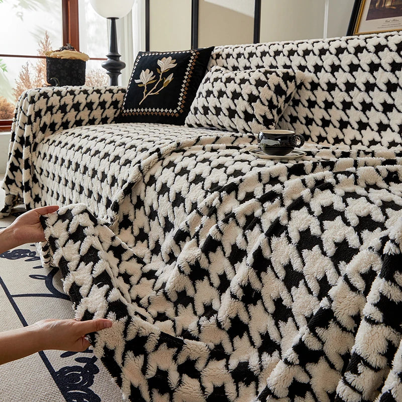 Houndstooth Soft Plush Throws Blankets for Sofa Bohemian Style Jacquard Sofa Cushion Cover Oversized Furniture Protector Blanket
