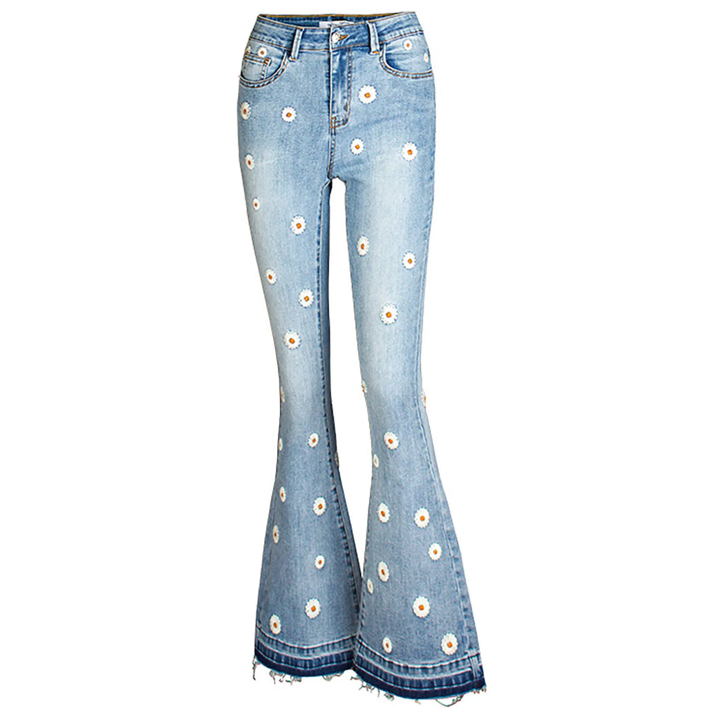 Ladies Daisy Embroidered Denim Pants Women's New Chic Long Fashion Personality Classic Versatile Flared Jean Trousers for Women