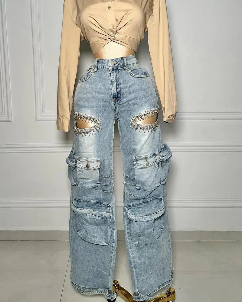 Women Cutout Diamonds Crystal Hollow Out Straight Denim Pants 2024 Fall Multi Pocket High Waist Wide Leg Jeans Trousers