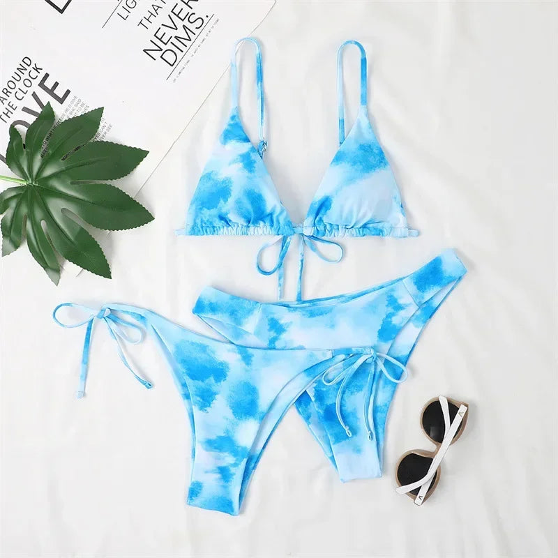 Women's Sexy 3-Piece Bikini Set - Push Up Bandage Triangle Swimsuit in Blue & Purple, Brazilian Beachwear