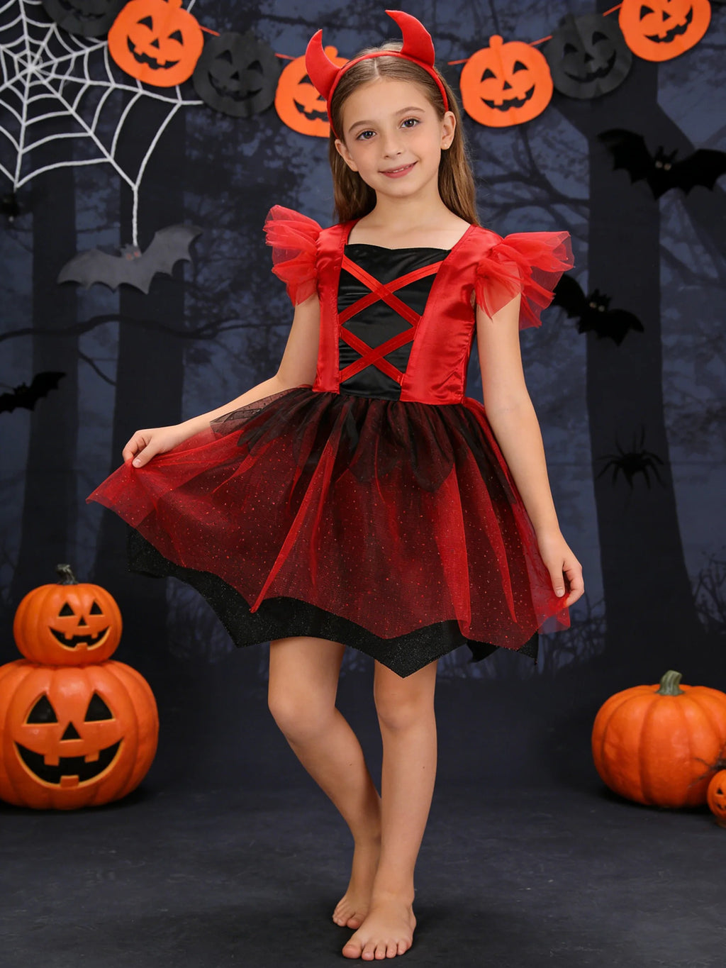 1 Dress + 1 Headband Set, Halloween Festival Party Costume Dress, Stage Performance Dress, Various Festival Party Red Devil Dresses