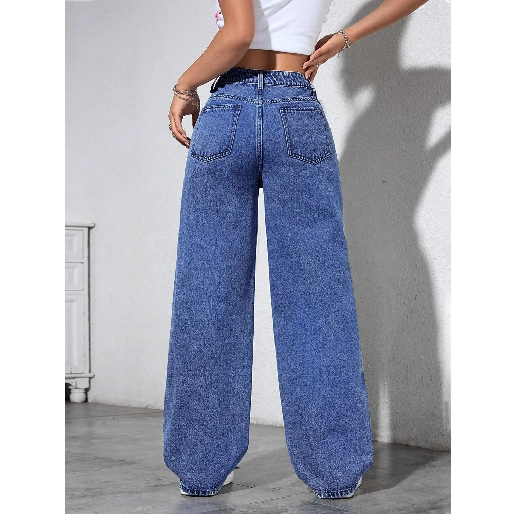 Women High Waist Denim Jeans Ladies Fashion Beading Straight Pants