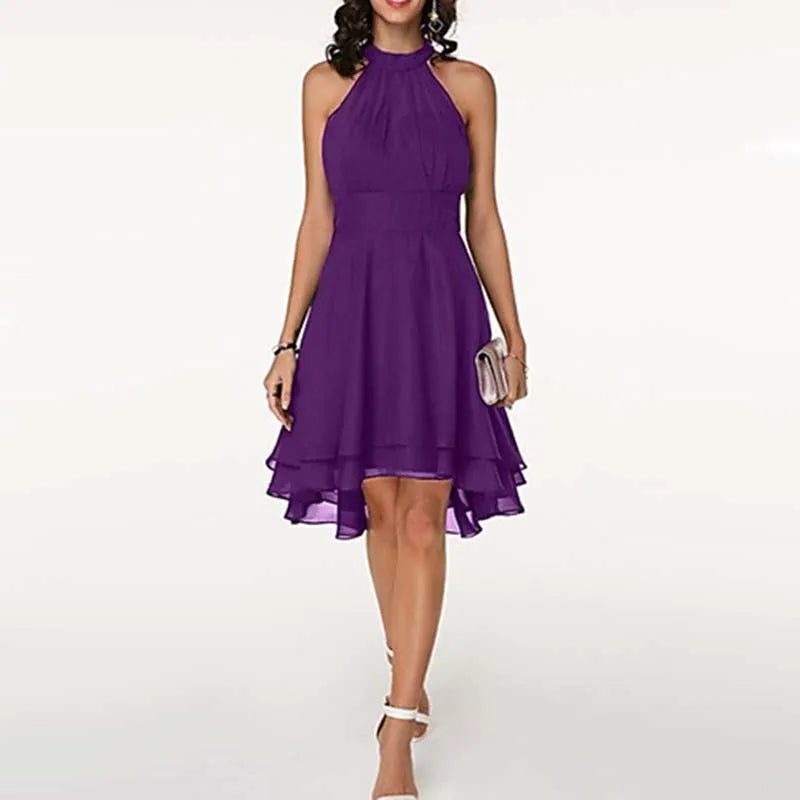 Women Elegant Dress Summer Solid High Waist Halter Sleeveless Midi Dresses Ladies Cropped Layered Chiffon Party Slim Dresses
