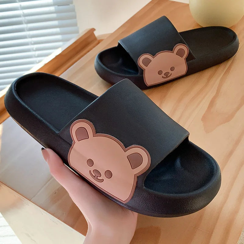 Summer Men Slippers Indoor Women Bathroom Soft Sole Non-slip Slides Home Cartoon Bear Flip Flops Beach Sandals Ladies Shoes