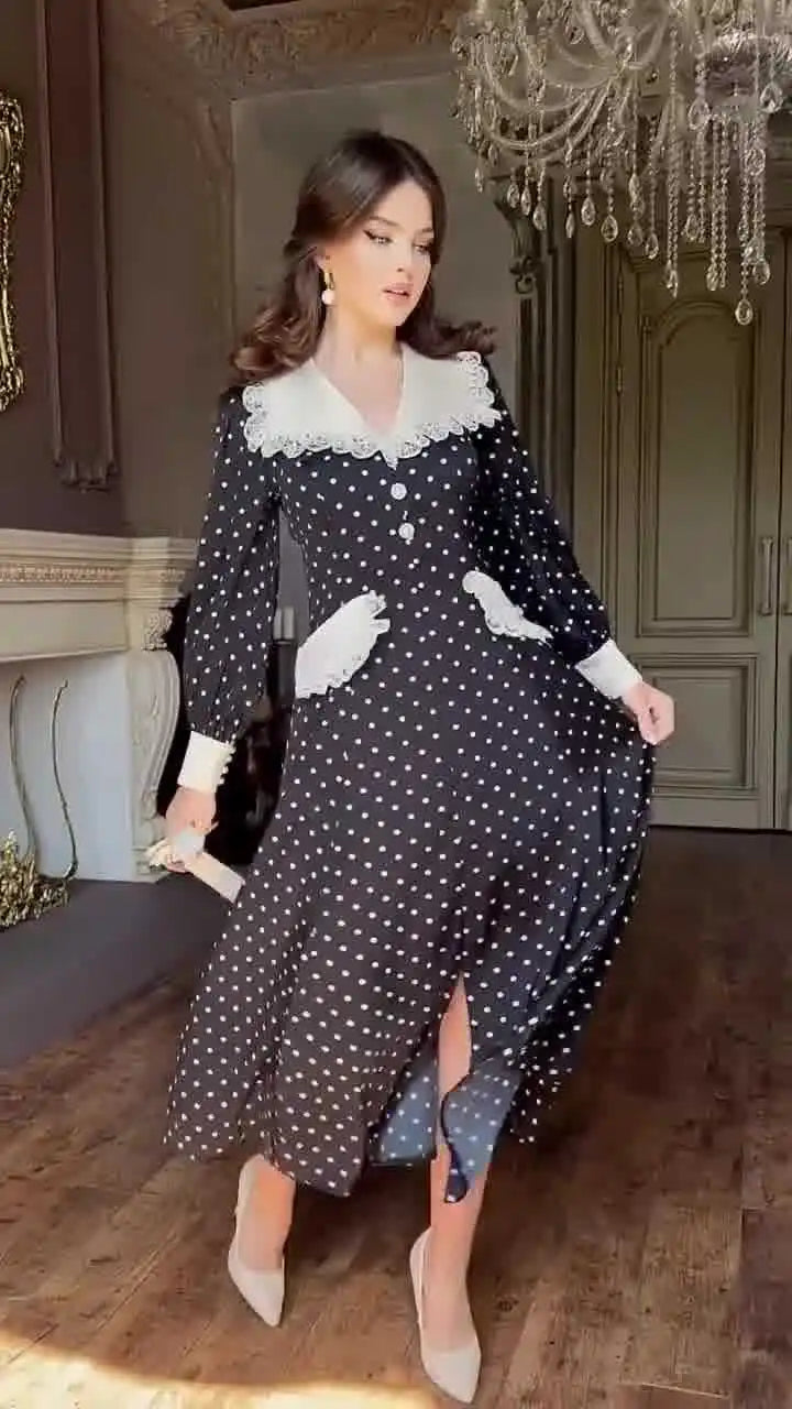 Fashion Print Office Women Dresses 2024 Elegant Doll Collar Long Sleeve Midi Dress Casual Single Breasting Female Dress