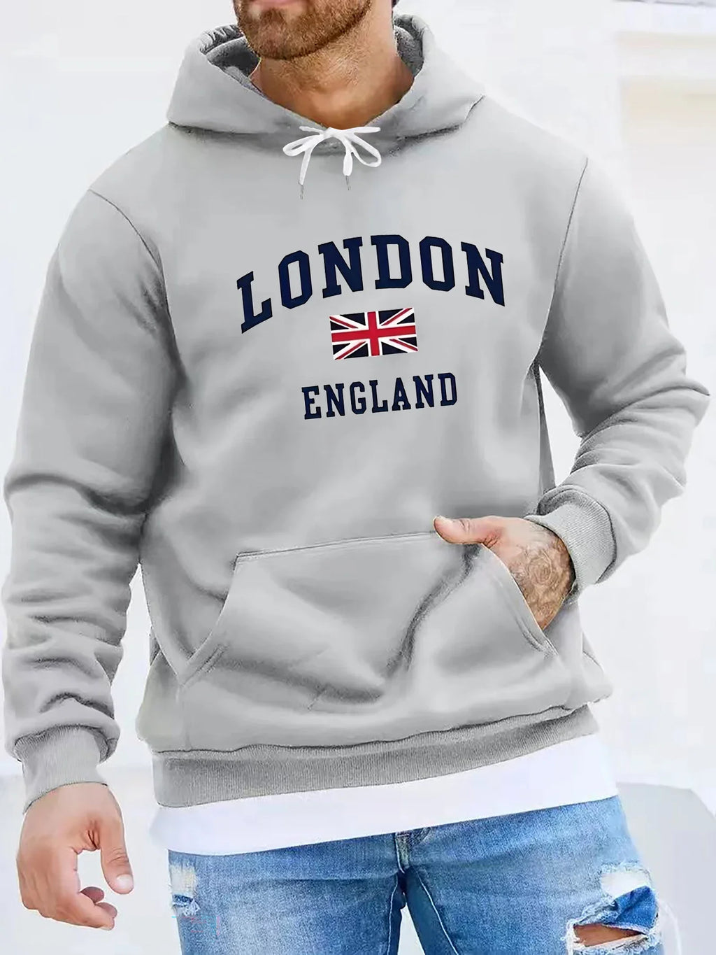 Men's autumn and winter casual and fashionable loose hooded sweatshirt, printed long-sleeved warm pullover