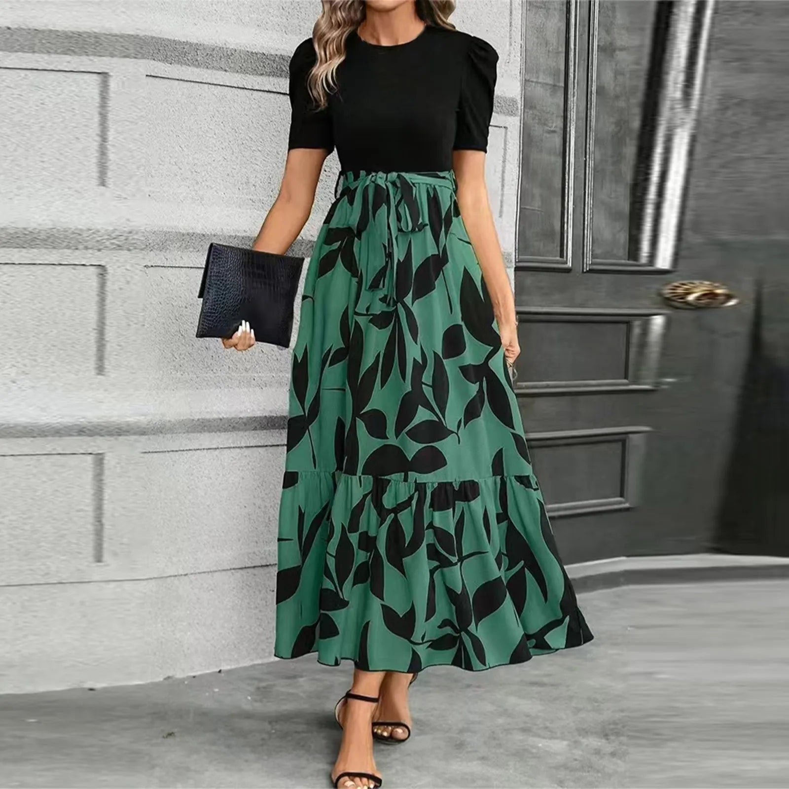 Dresses Elegant Office Lady Outfits A-line Lace-up Slim Fit Waist Ruffle Hem Skirt Women Dress Summer vestidos de mujer casuales