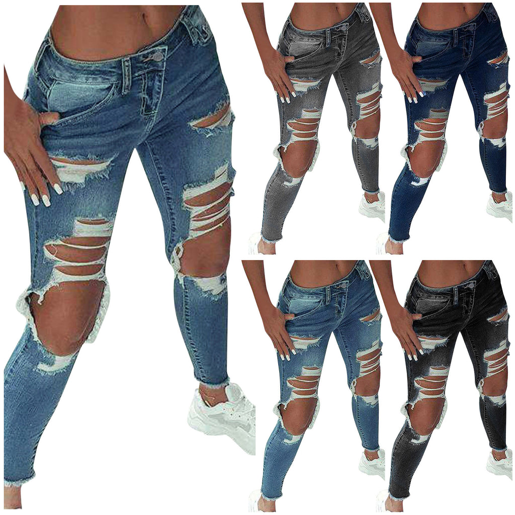 2023 New Women Fashion Mid Waist Boyfriend Big Ripped Hole Jeans Casual High Street Denim Pants Sexy Vintage Pencil Jeans