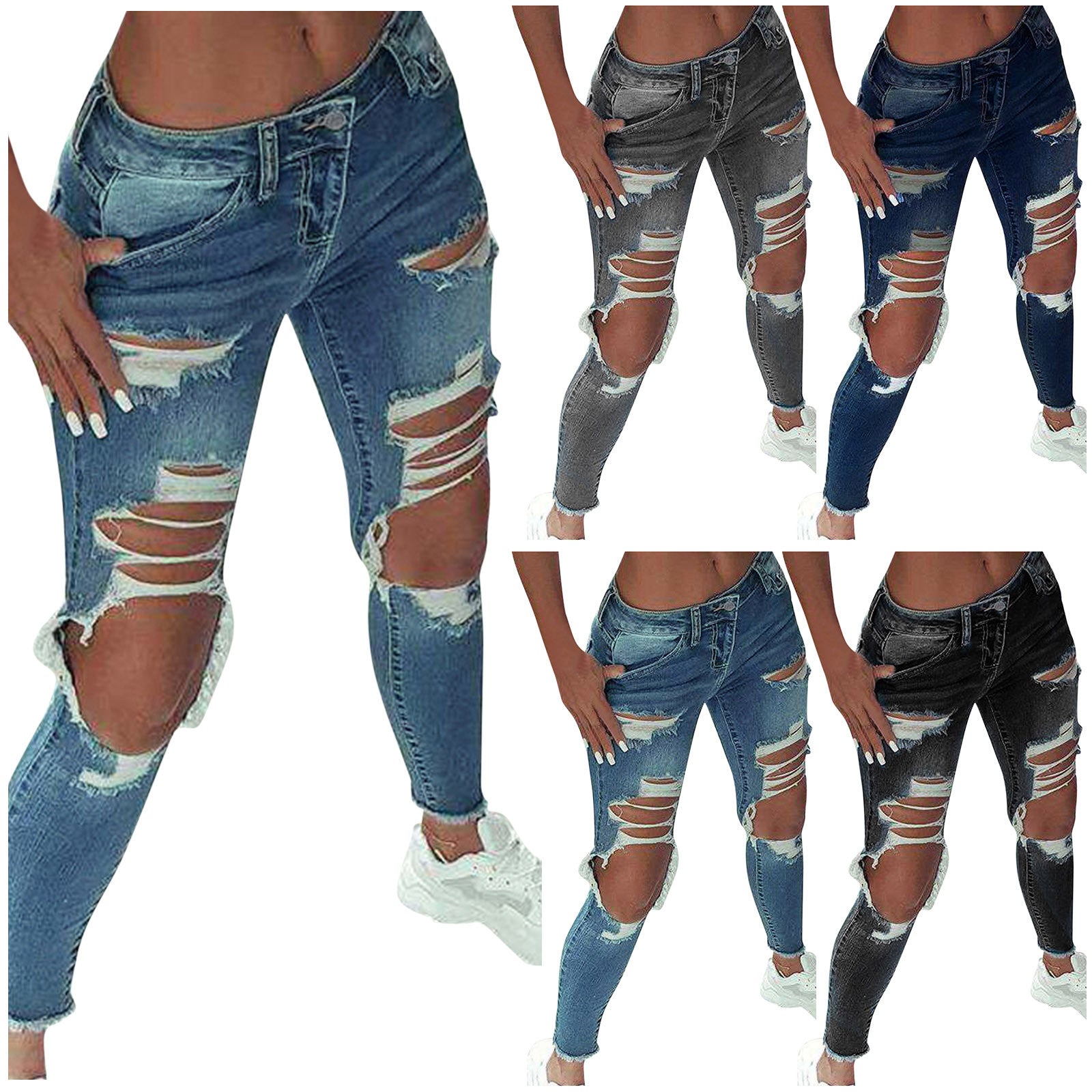 2023 New Women Fashion Mid Waist Boyfriend Big Ripped Hole Jeans Casual High Street Denim Pants Sexy Vintage Pencil Jeans