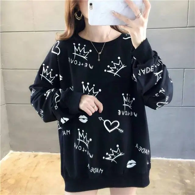 Women's Sweatshirts Black Youthful Clothes Emo Sport Korean Streetwear Y2k Japanese New In Plus Size Female Pullover Top Graphic