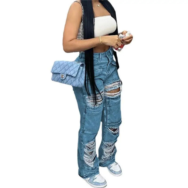 Women Jeans Denim Patchwork Straight Pants Holes Distressed Pockets Washing High Street Low Waist Zipper Fly Flat Winter