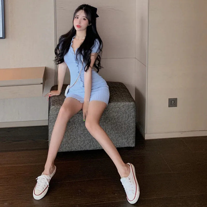 French Sexy Skinny Dress for Woman 2023 Summer V-Neck Button Design Blue Short Sleeve Dresses Women Sweet Holiday Bag Hip Dress