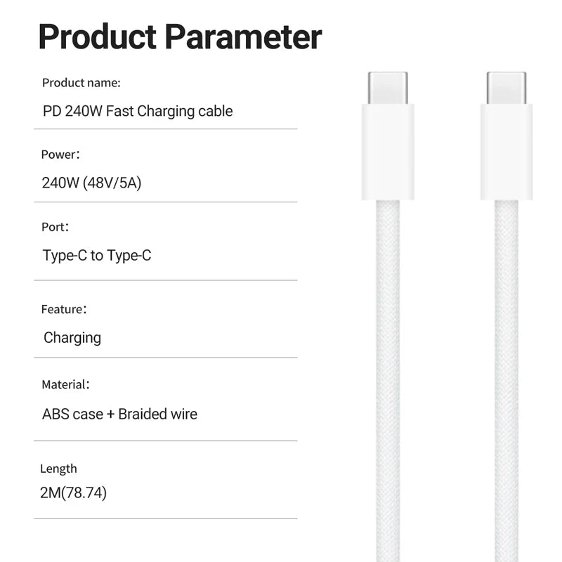 240W USB C to C Charger Cable Type C Fast Charging Braided PD Cable for lPhone 15 16 Series lPad Air Pro MacBook Pro Huawei DELL
