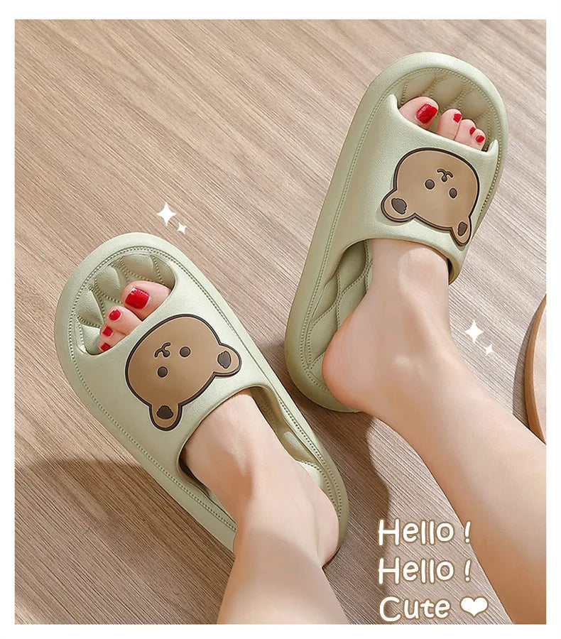 Summer Men Slippers Indoor Women Bathroom Soft Sole Non-slip Slides Home Cartoon Bear Flip Flops Beach Sandals Ladies Shoes