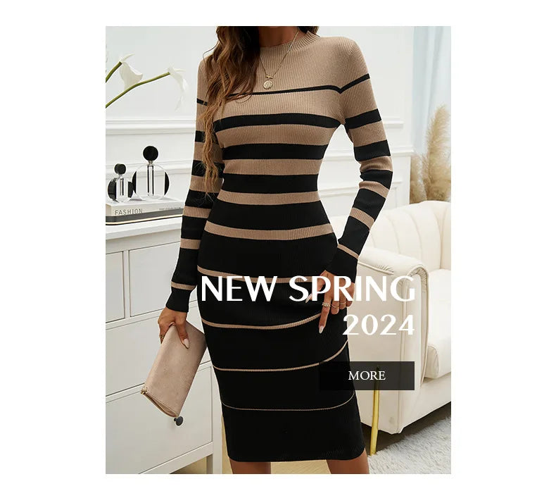 Office Ladies Knitted Dress Elegant Striped Print Slim Long-sleeved Dress 2025 Autumn Winter Fashion New